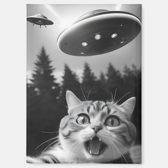 Funny Cat Selfie mit UFO Alien Drones Magnet (Vorderseite)