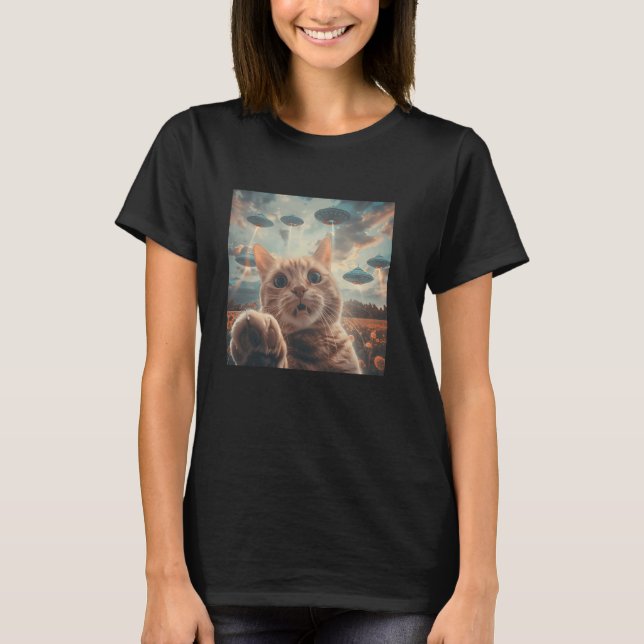 Funny Cat Selfie mit UFOs Cat Mem T-Shirt (Vorderseite)