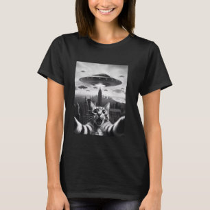 Funny Cat Selfie mit UFOs komische Alien Cat Selfi T-Shirt