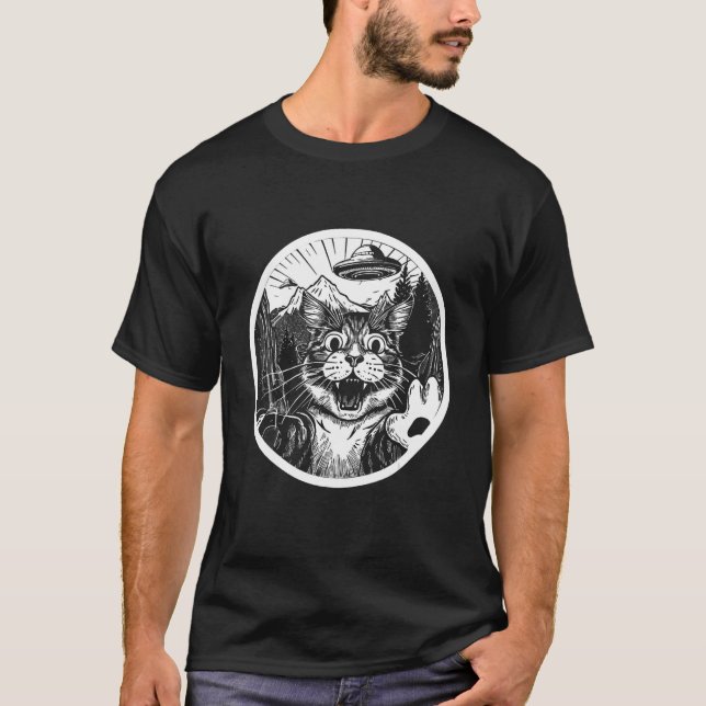 Funny Cat Selfie mit UFOs T-Shirt (Vorderseite)