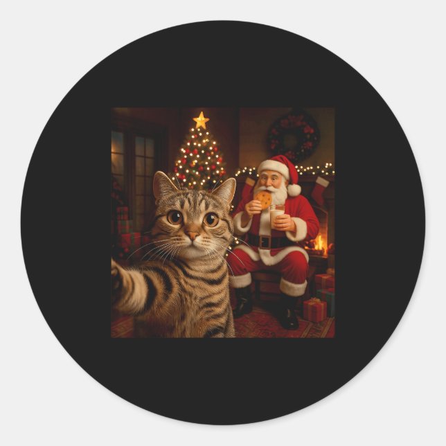 Funny Cat Selfie Santa Claus Eating Cookies Christ Runder Aufkleber (Vorderseite)
