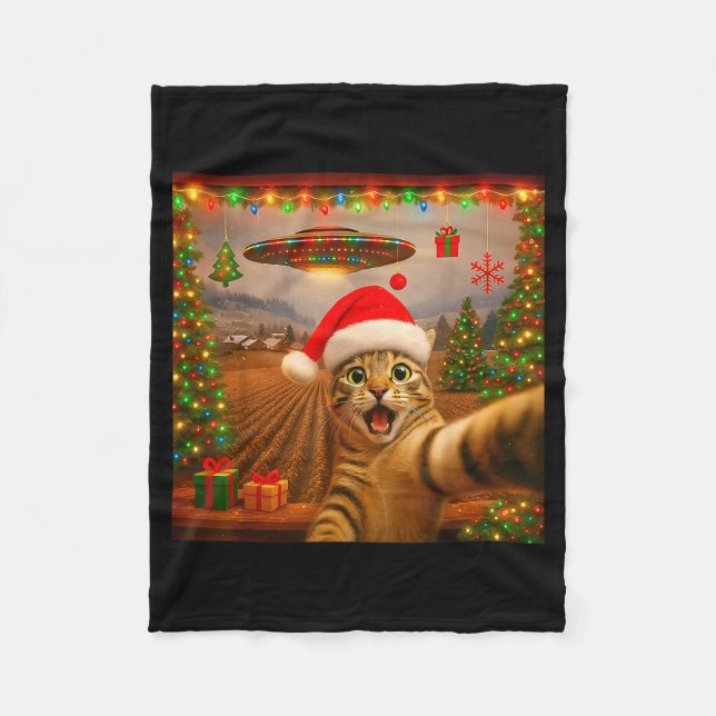 Funny Cat Selfie With Alien Ufo Christmas Lights S Fleecedecke (Vorderseite)