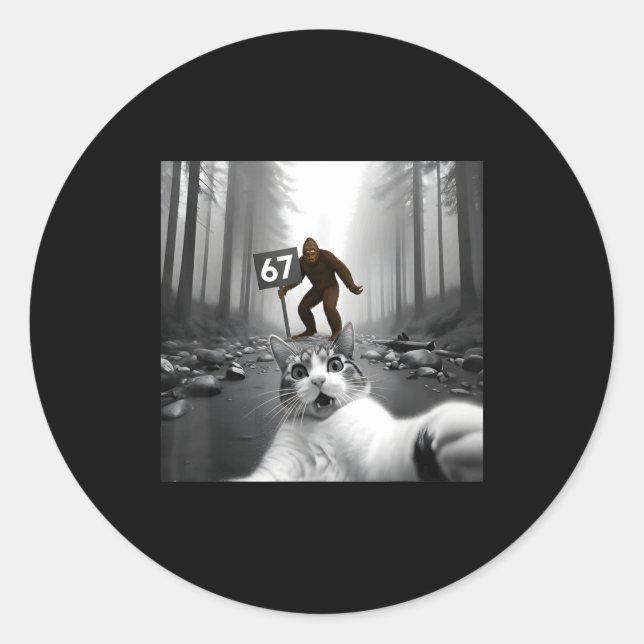 Funny Cat Selfie With Bigfoot 67 Six Seven Meme Me Runder Aufkleber (Vorderseite)