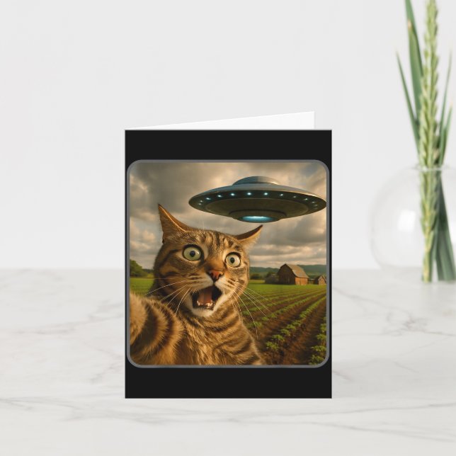 Funny Cat Selfie With Ufo Alien Meme  Karte (Vorderseite)