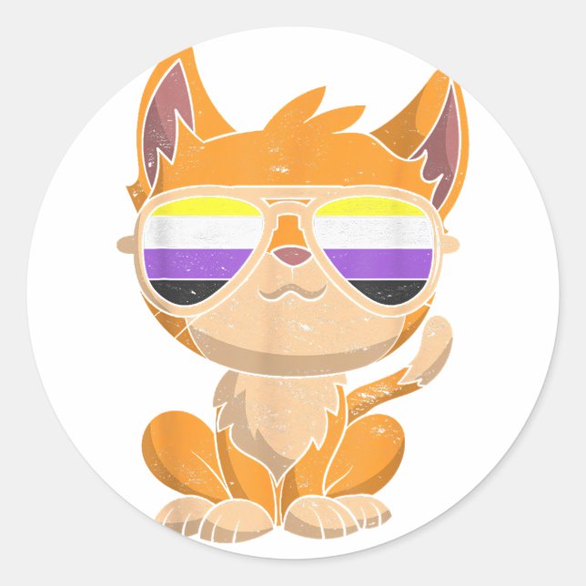 Funny Cat Sonnenbrille Nicht binäre Flag LGBT Prid Runder Aufkleber (Vorderseite)