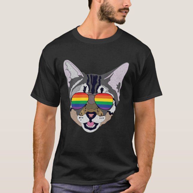 Funny Cat Sonnenbrille Rainbow Gay Pride Flag Gesc T-Shirt (Vorderseite)
