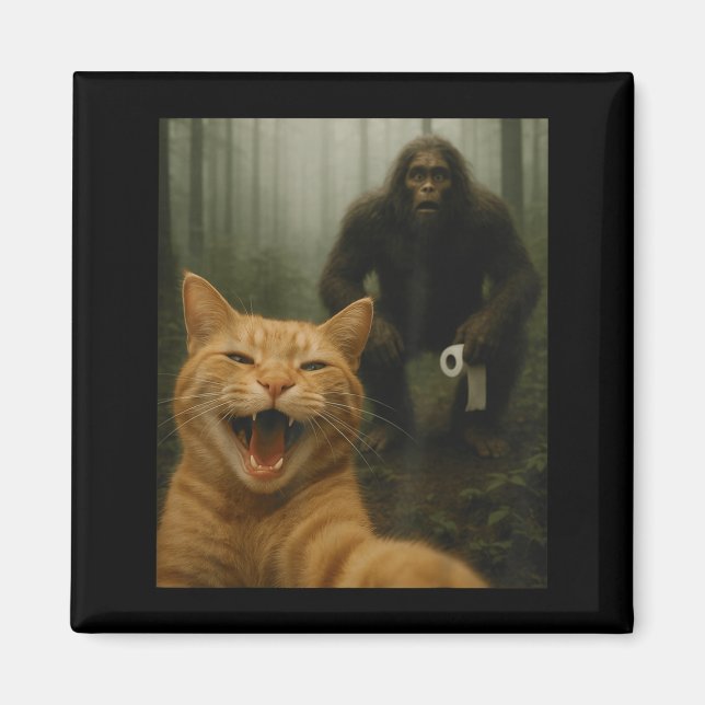 Funny Cat Surprised Happy Selfie With Bigfoot Sasq Magnet (Vorne)