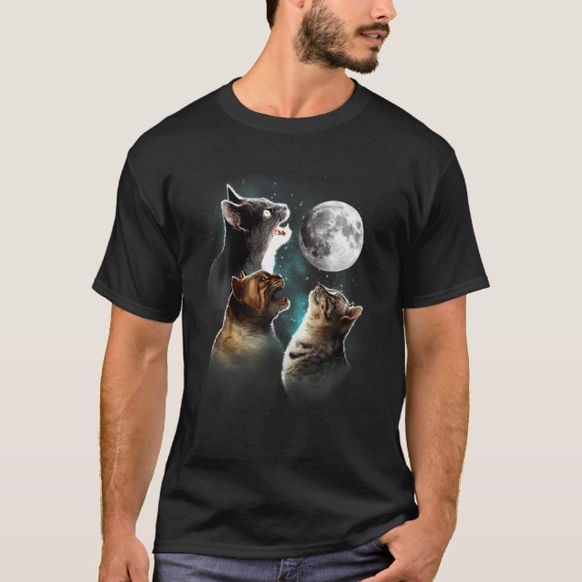 Funny Cat T, Cats Meowing at Moon, Cat Lover T-Shirt (Vorderseite)