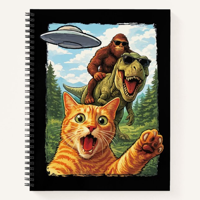 Funny Cat T-Rex Bigfoot UFO Selfie Alien Notebook Notizbuch (Vorderseite)