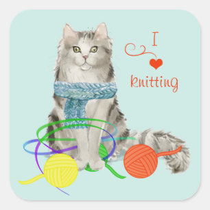 Funny Cat Tangled in Yarn Quadratischer Aufkleber