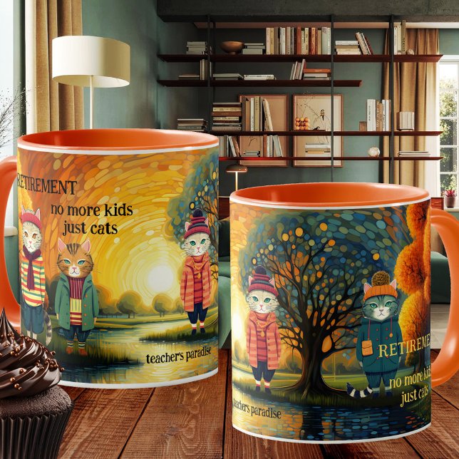 Funny Cat Teacher Rente Tasse (Mug featuring a colorful painting with funny cats. Great for a teacher retirement )