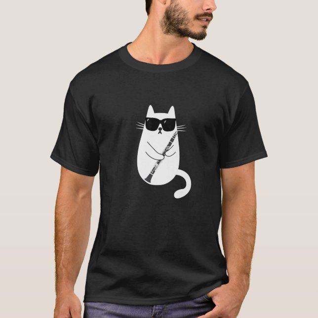 Funny Cat tragen Sonnenbrille spielen Klarinette M T-Shirt (Vorderseite)