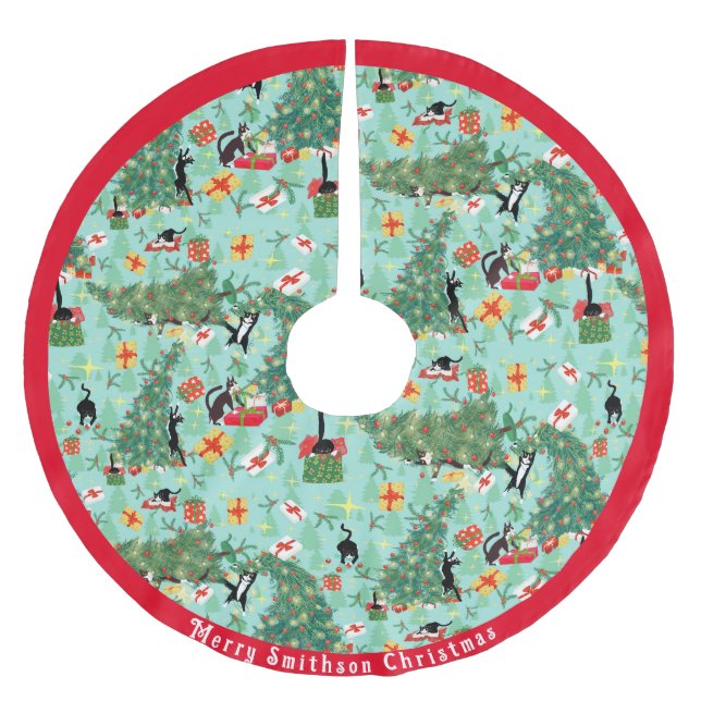 Funny Cat trifft Weihnachtsbaum Polyester Weihnachtsbaumdecke (Vorderseite)