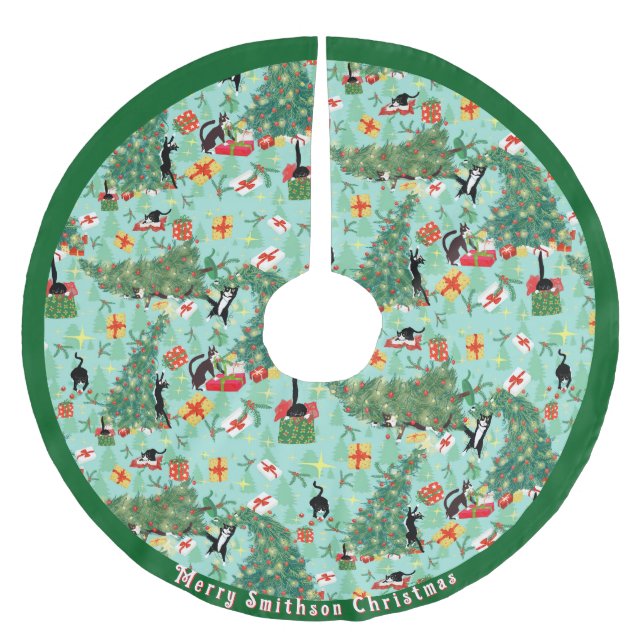 Funny Cat trifft Weihnachtsbaum Polyester Weihnachtsbaumdecke (Vorderseite)