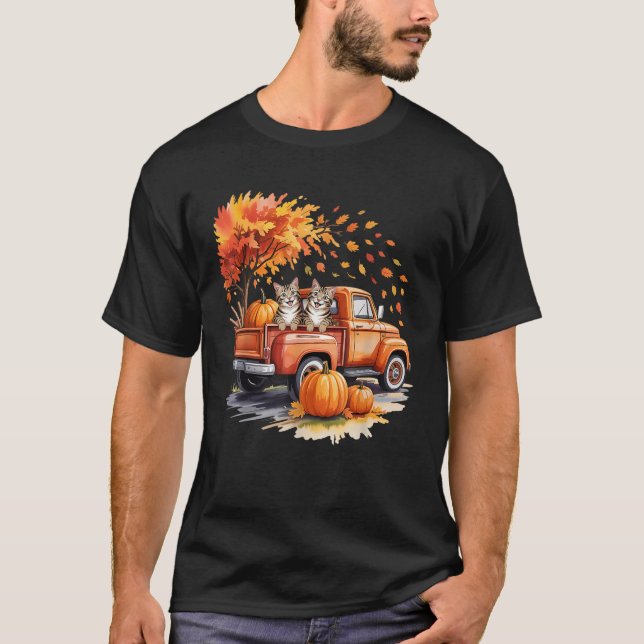 Funny Cat Truck Pumpkin Autumn Fall Leaves Thanksg T-Shirt (Vorderseite)