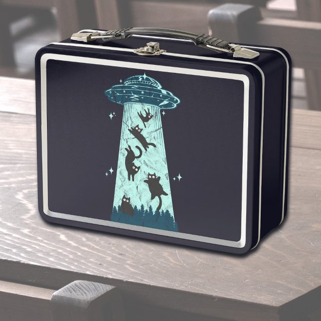 Funny Cat UFO Alien Entführung Metall Brotdose (UFO cats abduction vintage lunchbox)