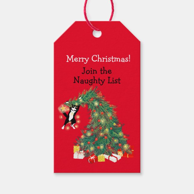 Funny Cat und Christmas Tree Naughty List Geschenkanhänger (Vorderseite)
