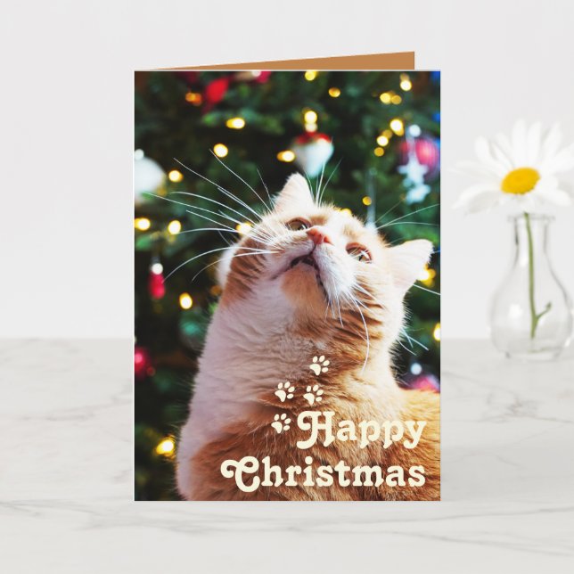 Funny Cat und Green Tree & Happy Weihnachten Einzi Karte (Kleine Pflanze)