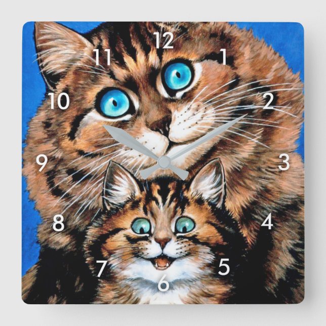 Funny Cat und Kitten, Louis Wain Quadratische Wanduhr (Vorderseite)