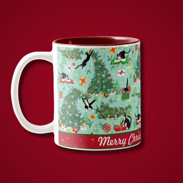Funny Cat und The Christmas Tree Personalisiert Zweifarbige Tasse (Funny Cats topple the Christmas Tree on this cute Personalized holiday mug)