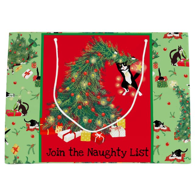 Funny Cat und Weihnachtsbaum Trouble Custom Green Große Geschenktüte (Vorderseite)