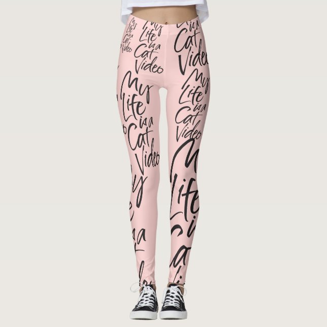 Funny Cat Video Black Letters Paris Blush Pink Leggings (Vorderseite)