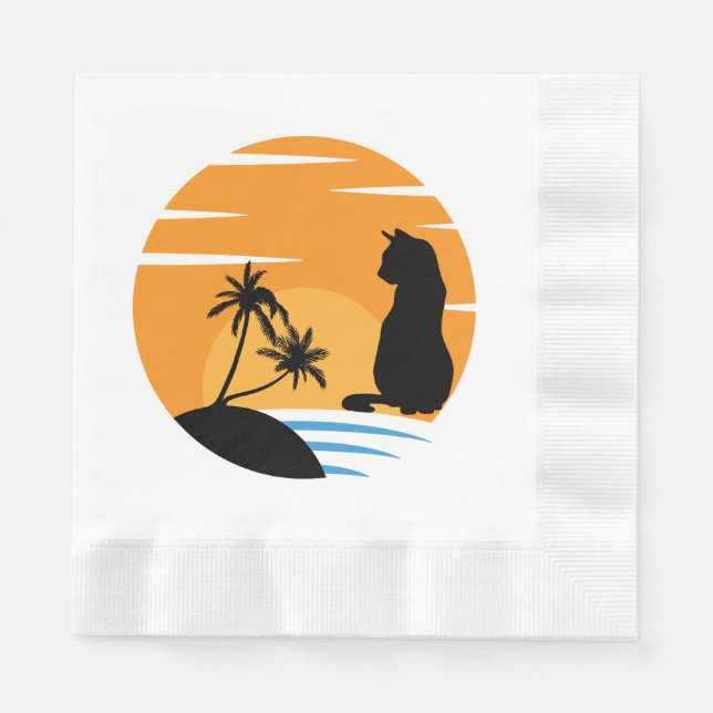 Funny Cat Watching Sunset Szene - Black Cat Sunset Serviette (Vorderseite)