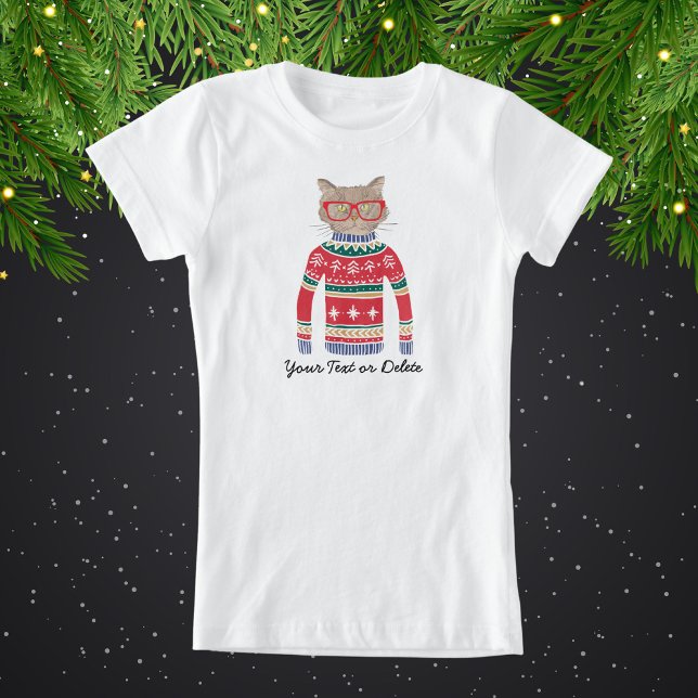 Funny Cat Wearing Brille, Ugly Christmas Sweater T-Shirt (Von Creator hochgeladen)