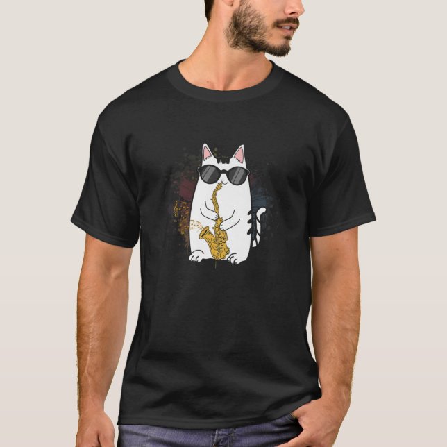 Funny Cat Wearing Sonnenbrille Playing Saxophone G T-Shirt (Vorderseite)
