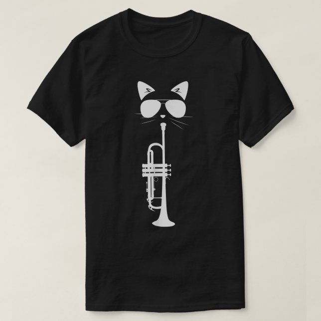 Funny Cat Wearing Sonnenbrille spielen Trumpet Mus T-Shirt (Design vorne)