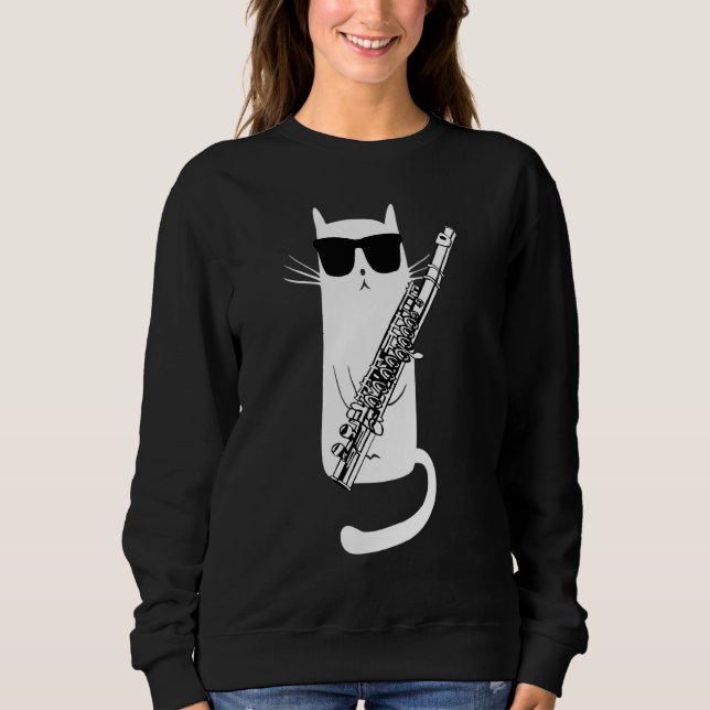 Funny Cat Wearing Sonnenbrillen Playing Flute Musi Sweatshirt (Vorderseite)
