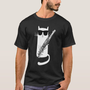 Funny Cat Wearing Sonnenbrillen Playing Flute Musi T-Shirt
