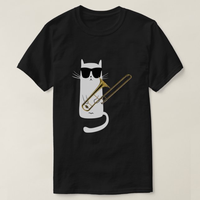 Funny Cat Wearing Sonnenbrillen Playing Trombone T-Shirt (Design vorne)