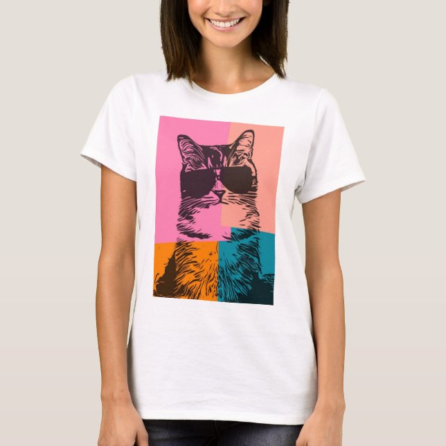 Funny Cat Wearing Sunglasses Multicolored Pop Art T-Shirt (Vorderseite)