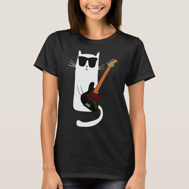 Funny Cat Wearing Sungles Playing B Guitar Men Wom T-Shirt (Vorderseite)