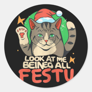 Funny Cat Weihnachten schauen, wie ich ganz fest b Runder Aufkleber
