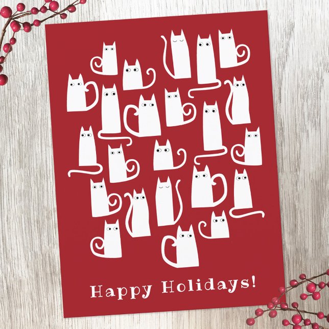 Funny Cat Weihnachtsfeiertag Postcard Feiertagspostkarte (Red and white cat fun holiday postcard)