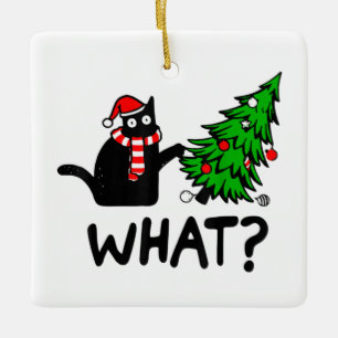Funny Cat What Black Cat Pushing Christmas Tree T- Keramikornament