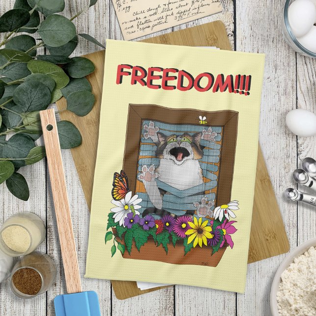 Funny Cat Window Yellow Freedom Geschirrtuch (Von Creator hochgeladen)