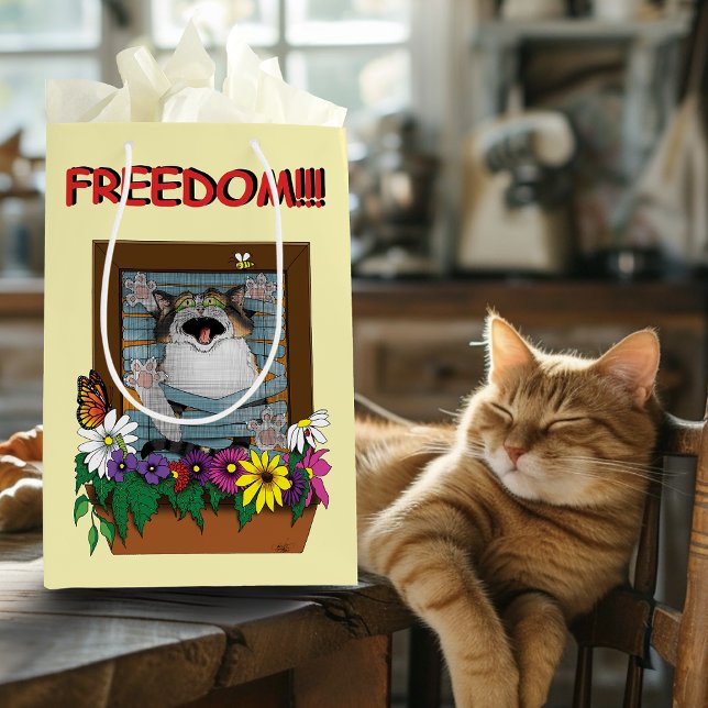 Funny Cat Window Yellow Freedom Mittlere Geschenktüte (Von Creator hochgeladen)