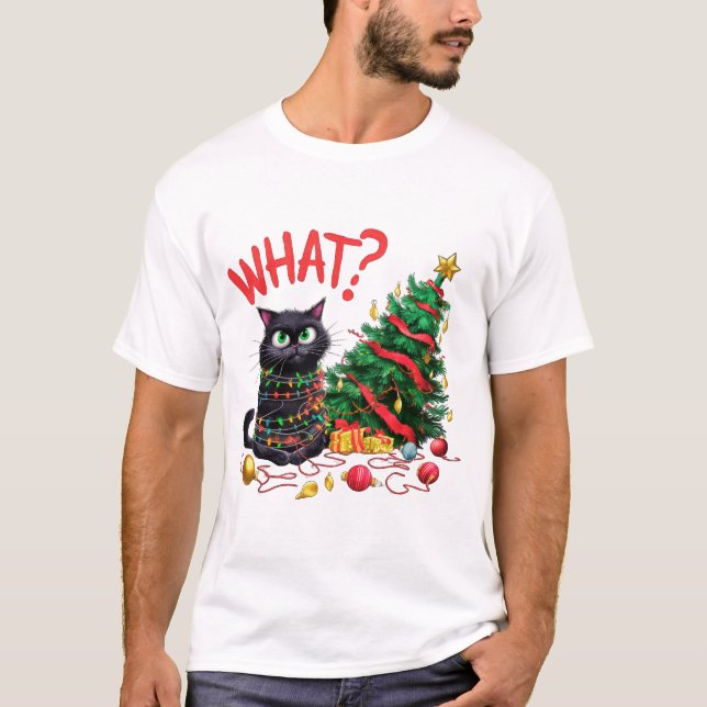 Funny Cat with Christmas Tree T-Shirt (Vorderseite)