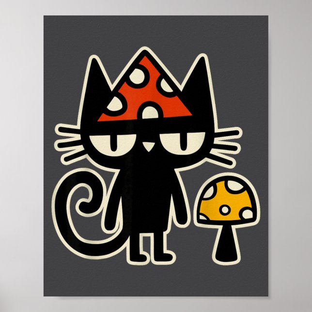 Funny Cat With Mushroom Hat Black Cat With Toadsto Poster (Vorne)
