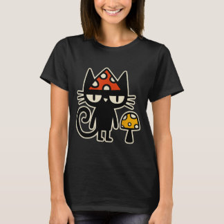 Funny Cat With Mushroom Hat Black Cat With Toadsto T-Shirt