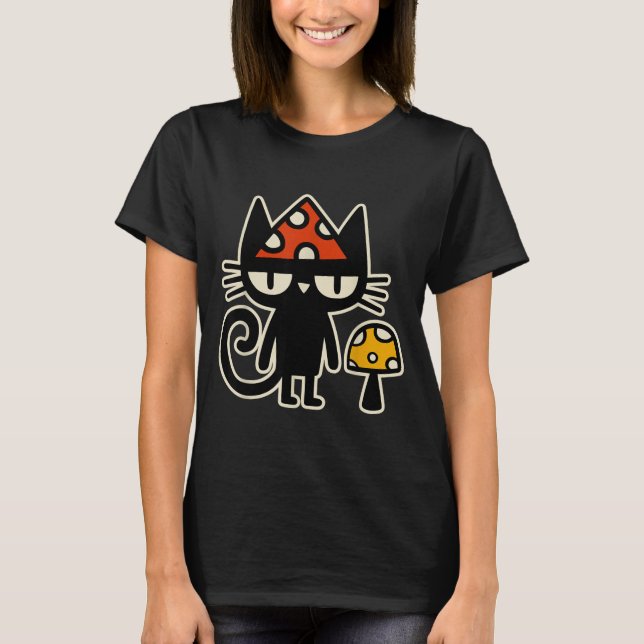 Funny Cat With Mushroom Hat Black Cat With Toadsto T-Shirt (Vorderseite)