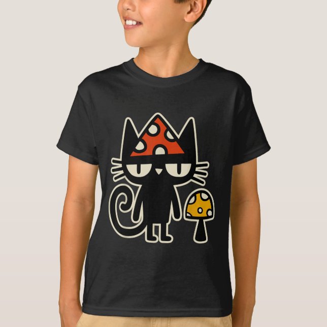 Funny Cat With Mushroom Hat Black Cat With Toadsto T-Shirt (Vorderseite)