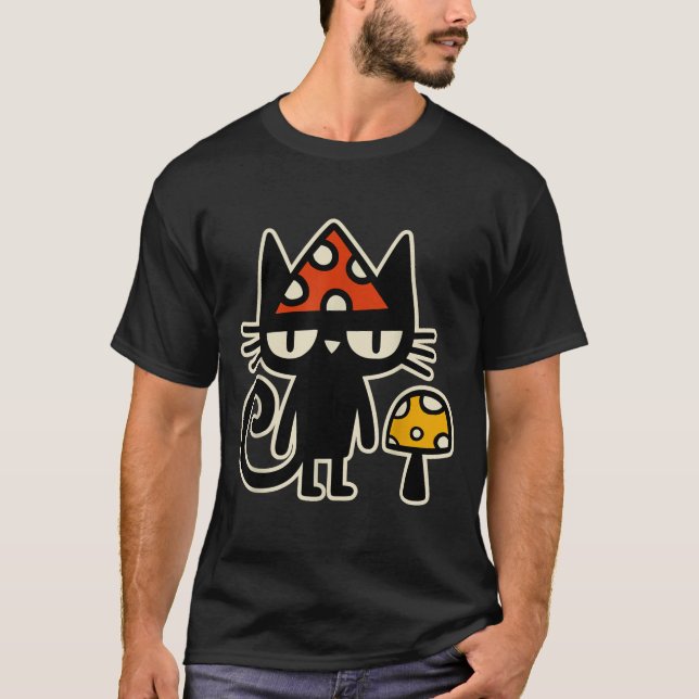 Funny Cat With Mushroom Hat Black Cat With Toadsto T-Shirt (Vorderseite)