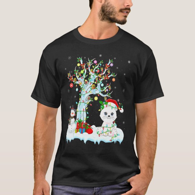 Funny Cat Xmas Tree Lighting Weihnachtsmannmütze C T-Shirt (Vorderseite)