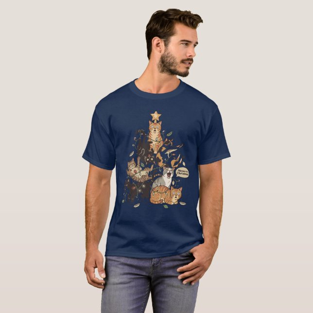 Funny Cats Christmas Tree Tangled Lights Holiday T-Shirt (Vorne ganz)