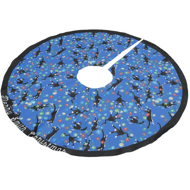 Funny Cats geknackt in Weihnachtslicht Custom Polyester Weihnachtsbaumdecke (Schrägansicht)