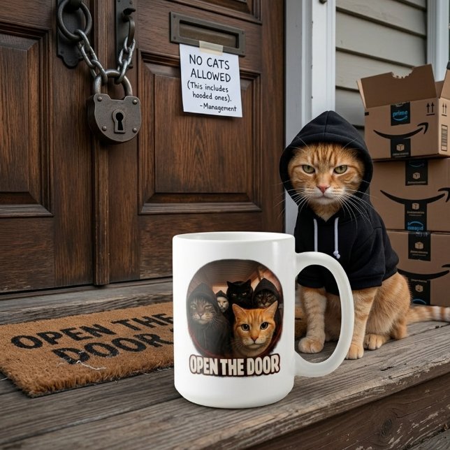 Funny Cats in Hoodies Open The Door Kaffeetasse (Von Creator hochgeladen)